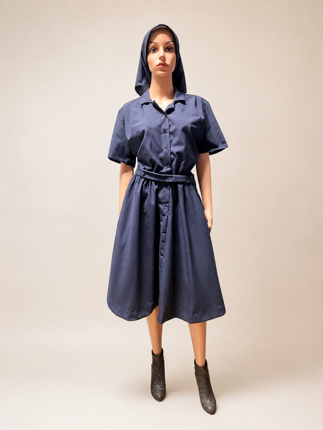 Modest Button-Front Tunic Dress Set — Belt & Matching Hair Covering
