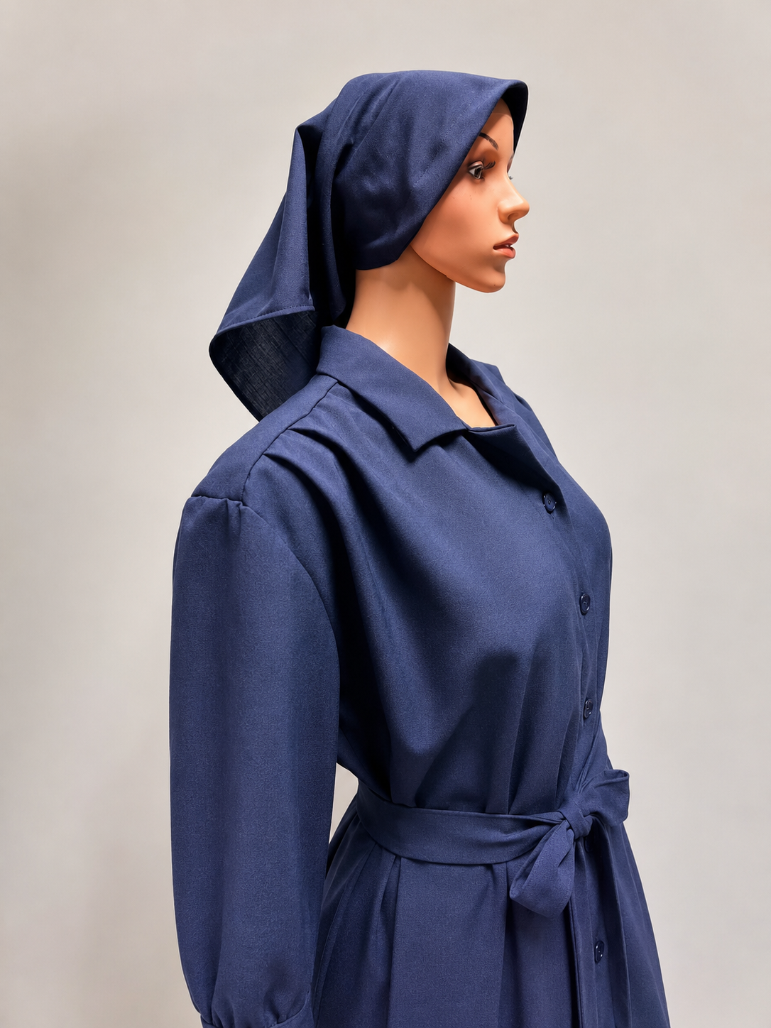 Modest Button-Front Tunic Dress Set — Belt & Matching Hair Covering