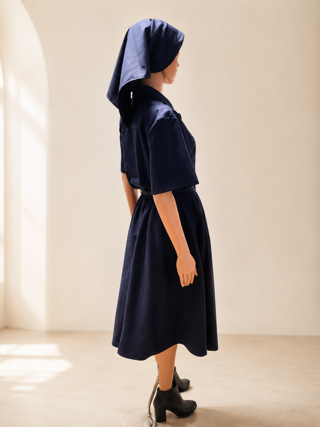 Modest Button-Front Tunic Dress Set — Belt & Matching Hair Covering