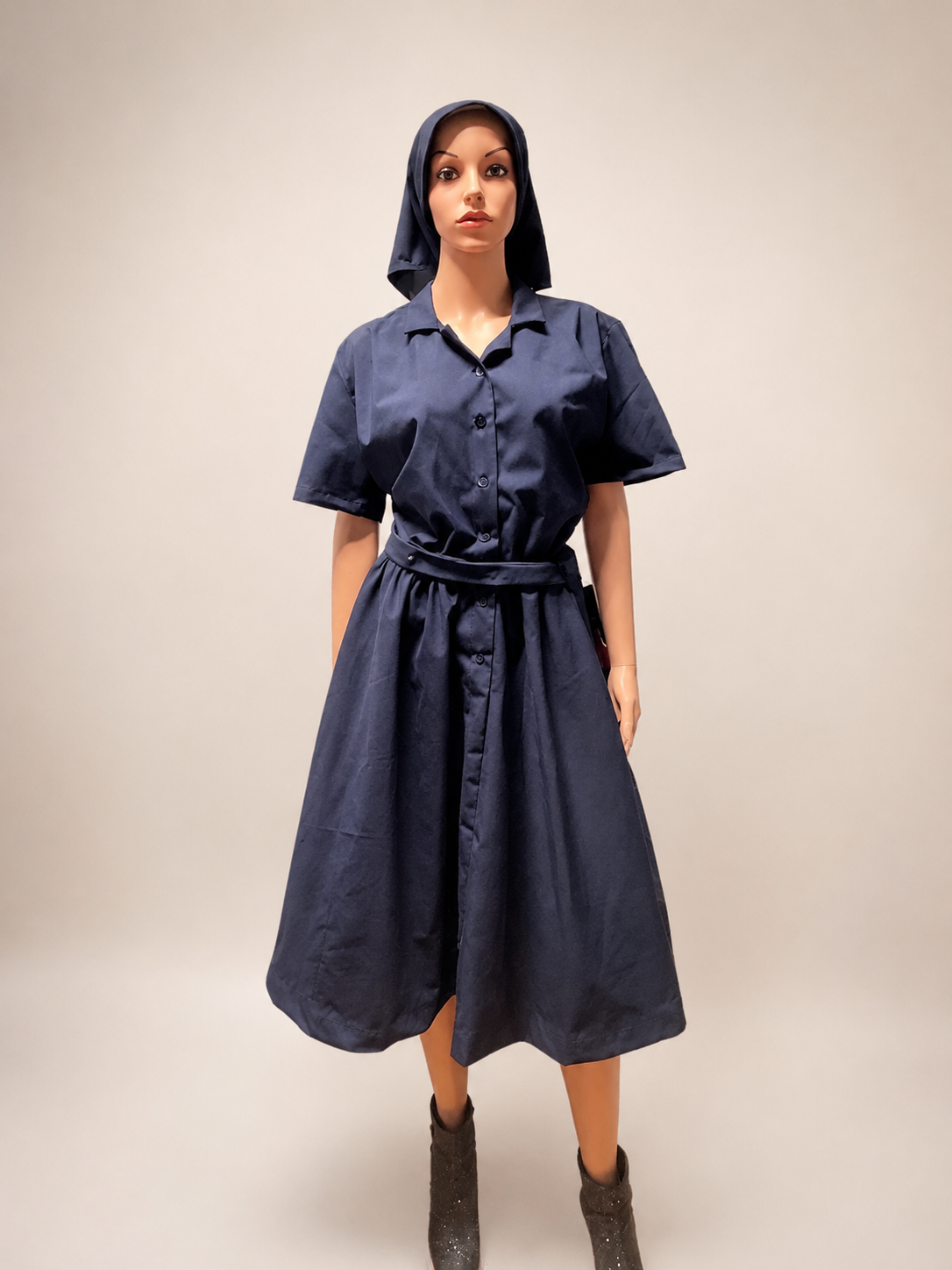 Modest Button-Front Tunic Dress Set — Belt & Matching Hair Covering