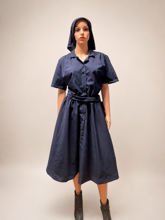 Modest Button-Front Tunic Dress Set — Belt & Matching Hair Covering