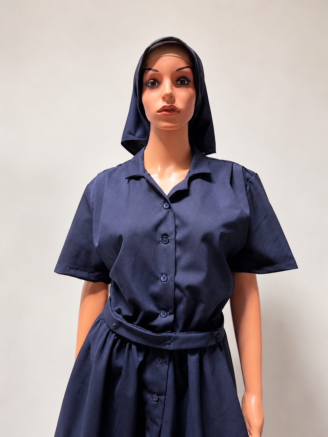Modest Button-Front Tunic Dress Set — Belt & Matching Hair Covering