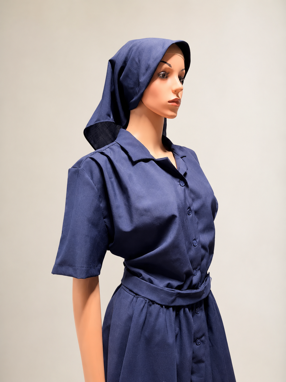 Modest Button-Front Tunic Dress Set — Belt & Matching Hair Covering