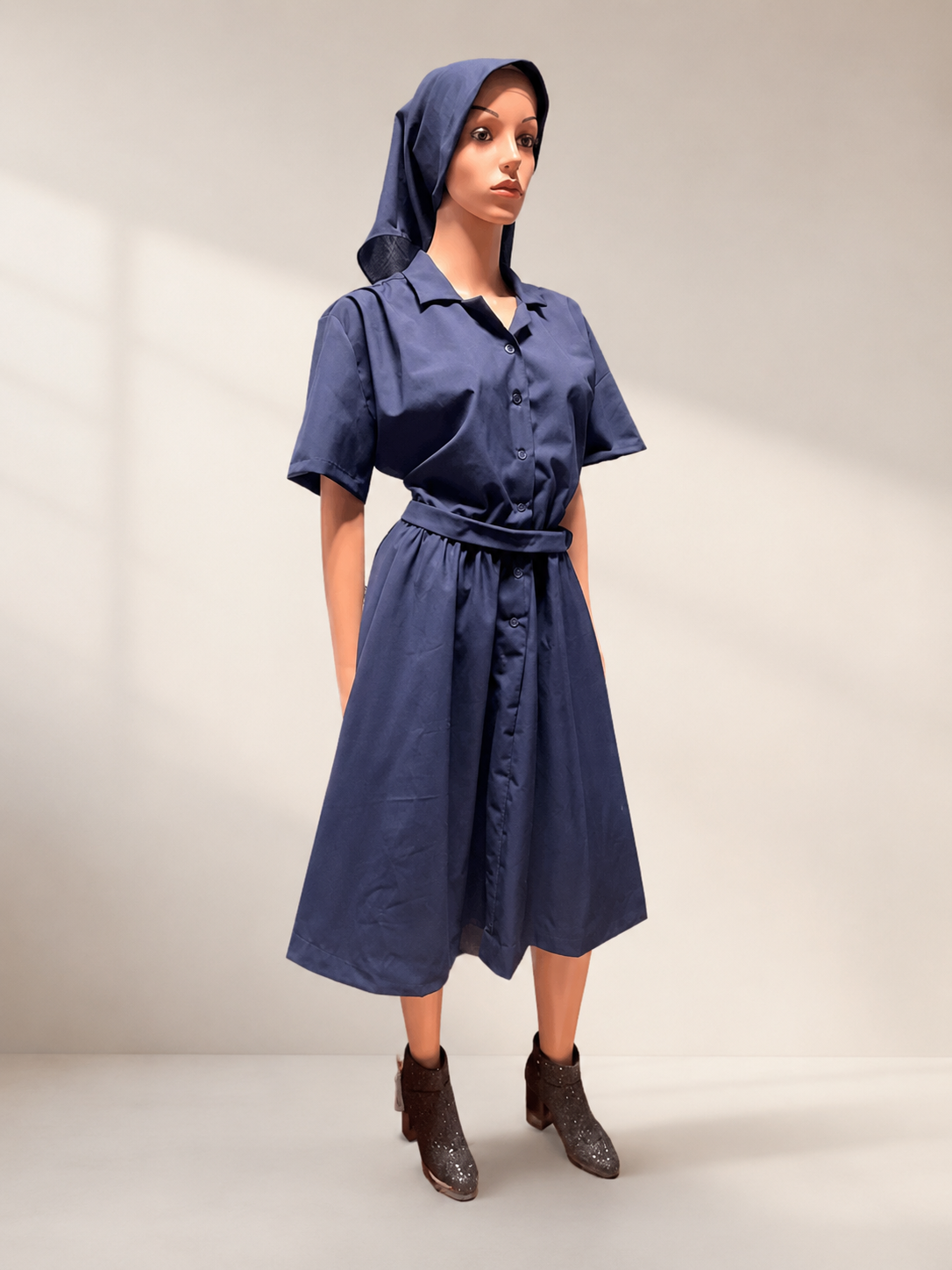 Modest Button-Front Tunic Dress Set — Belt & Matching Hair Covering